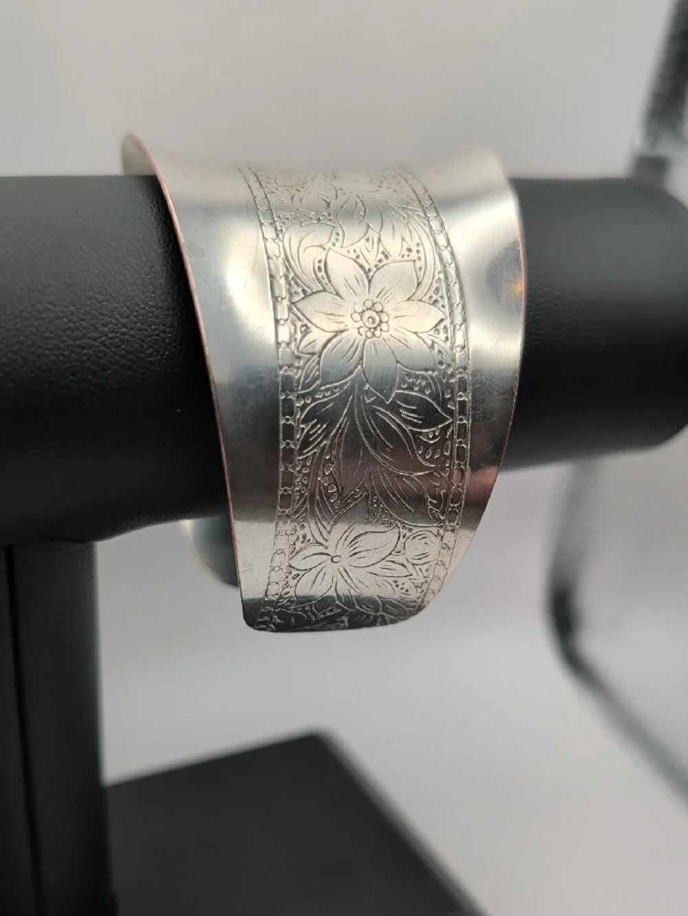 Engraved Floral Silver Cuff Bracelet